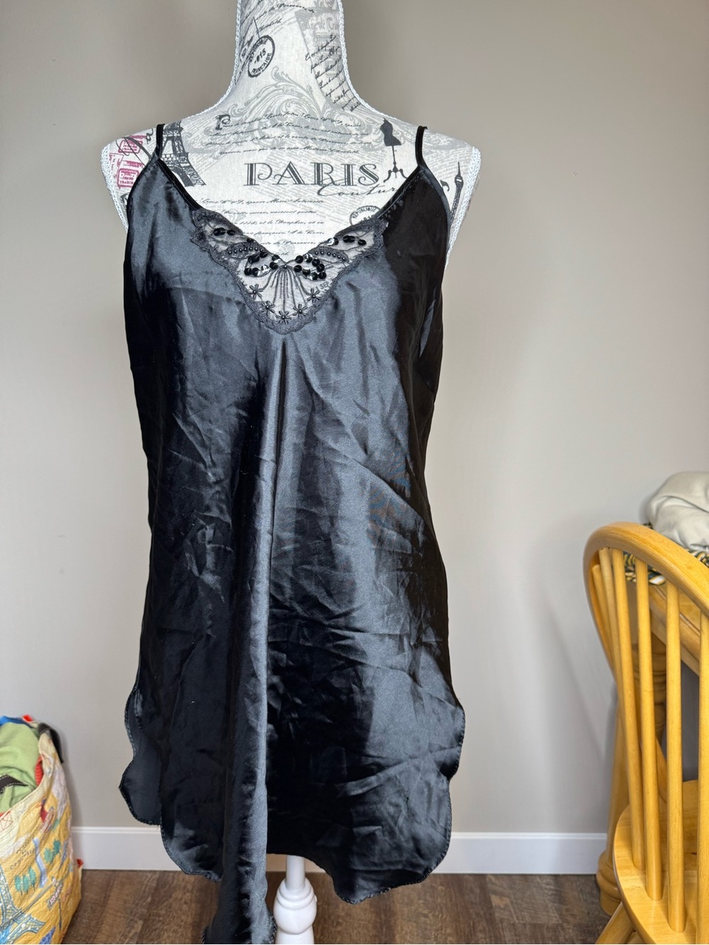 Vintage Black Satin Lace Trim Chemise Slip - Women Intimates